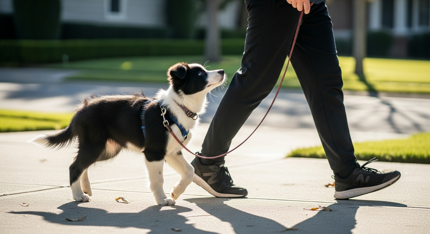 Young Border Collie puppy learning loose-leash walking beside a person's legs on a driveway
